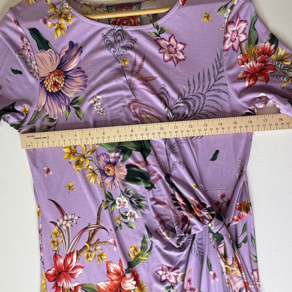 Johnny Was Janie Favorite Side Tie Knit Dress Medium Purple Floral Bird Stretch - Picture 10 of 13